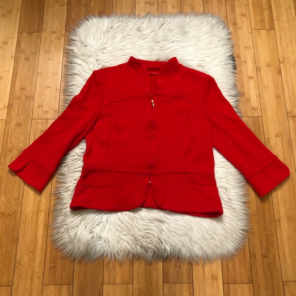St. John Santana Wool Zip Up Fitted Cropped Bright Red Womens Knit Jacket size L - Picture 1 of 14